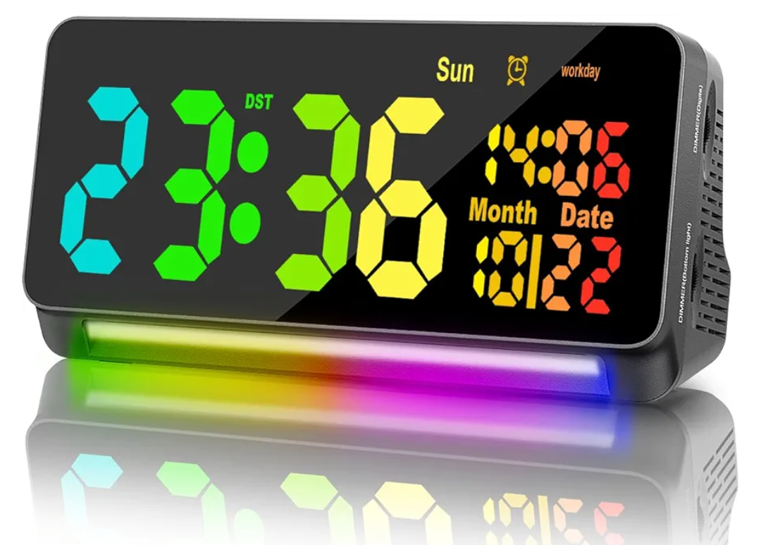 120db Super Loud Alarm Clocks for Heavy Sleepers adults , 15 Wake Up Sounds Alarm Clock for Heavy sleepers , 7 Color Night Light, Dynamic RGB Color , 0-100% Dimmer, Snooze, DST , Large LED Display