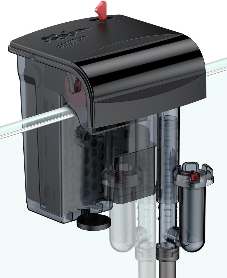 Pawfly 5 W Aquarium Filter, 10 Gallon Fish Tank Filter, 90 GPH Hang On Back Aquarium Filter with Water Wheel Adjustable Water Pump & Oil Skimmer, Ultra Quiet HOB Filter for Tank Filtration