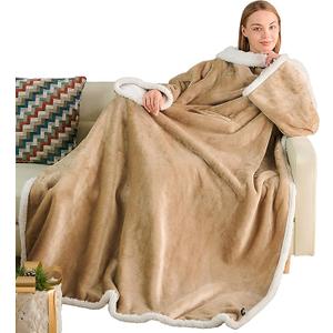 Ramees Sherpa Wearable Blanket with Sleeves and Pockets, Soft Warm TV Blanket Throw for Men and Women