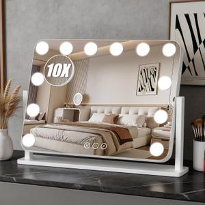 Vanity Mirror with Lights, 18"×14" Hollywood Makeup Mirror with 12 Dimmable Bulbs, 3-Color Lighting, Dimmable, 360° Rotation, 10x Magnification, Desk Mirror, Bedroom (White)