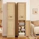 Iwell Tall Narrow Storage Cabinet with Doors, Rattan Cabinet with Adjustable Shelves, Freestanding Linen Storage for Living Room, Entryway, Kitchen, Bathroom, Natural, 11.8"D x 15.7"W x 67.1"H
