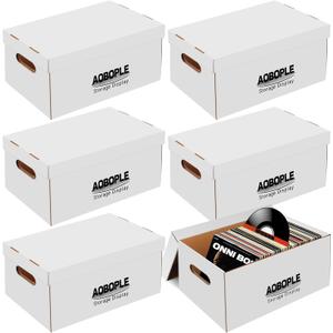AOBOPLE 6 Pack Vinyl Record Storage Box,7"/45 RPM Cardboard Vinyl Record Box with Lid and Handle,Holds up to 75 7" Records Each,Moving Box for Records Ideal for DJs Show Vendors Record Collectors