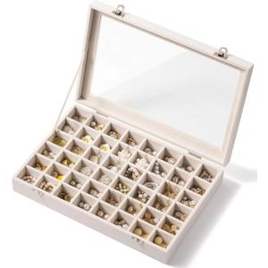 48 Grid Earring Organizer and Storage: Velvet Jewelry Tray with Lid, Jewelry Box for Studs, Earrings, Rings, Necklaces, Dresser & Vanity, Earrings Case for Girls, Women, 13"x8.6"x2.4", Beige