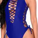 GOBLES Women's Sexy One Piece Backless Swimsuits Deep V Neck Laced Up Adjustable Bathing Suits Royal Blue, M