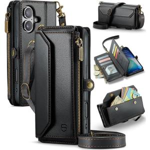Strapurs Wallet Case Compatible with iPhone 17 6.3" RFID Blocking 9-Card Holder Soft PU Leather Magnetic Snap Shoulder Strap Zipper Pocket Phone Case Fit for iPhone 17 for Women - Black
