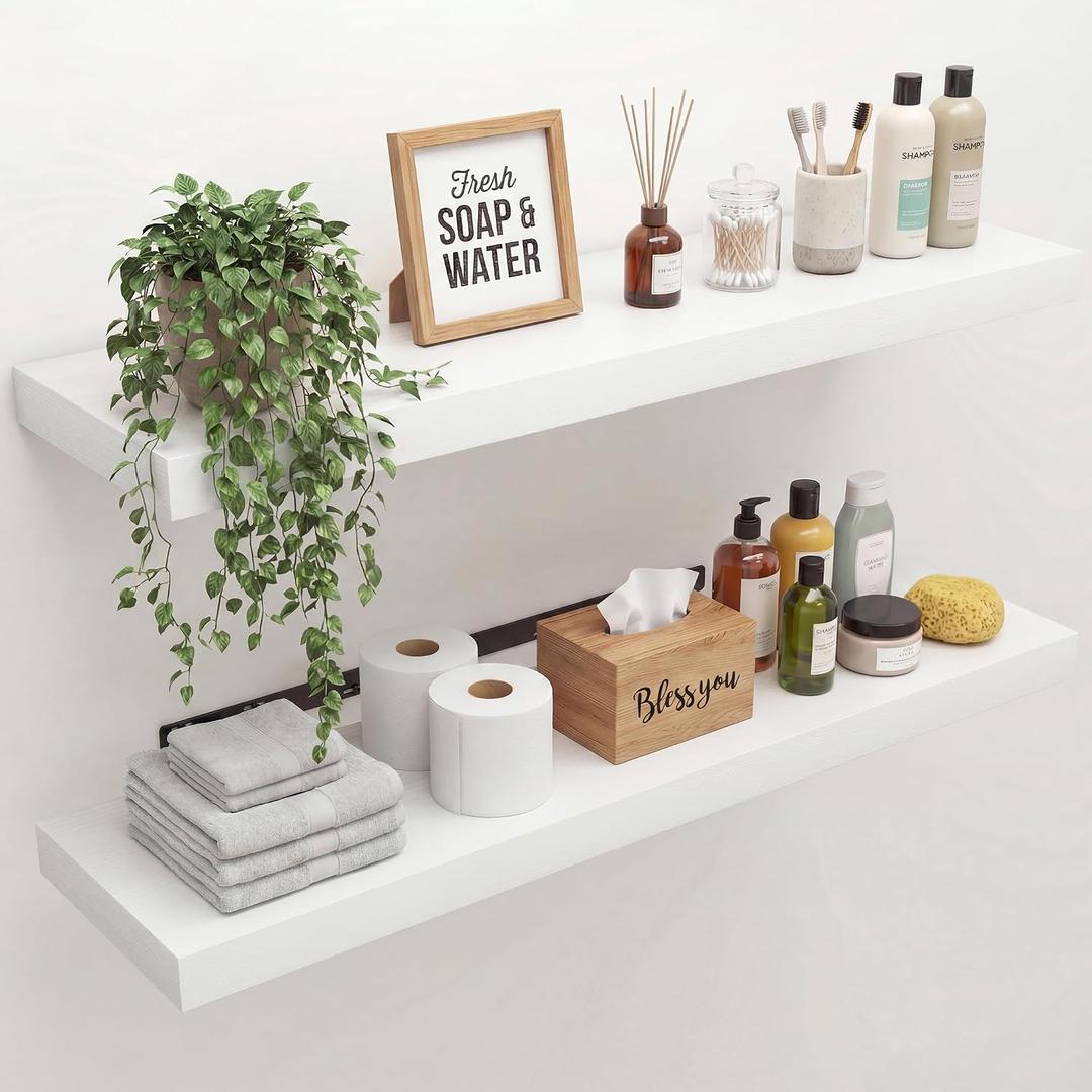 36" Width Floating Shelves, Wall Shelves for Bathroom/Living Room/Bedroom/Kitchen Decor, White Shelves with Invisible Brackets Set of 2