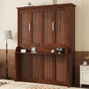 KEIKI Queen Murphy Bed with Desk & Gas Struts, Space Saving Wall Bed Cabinet, Foldable Hidden Bed Frame for Home Office Guest Room, Modern Wood Murphy Bed Furniture, No Mattress, Walnut