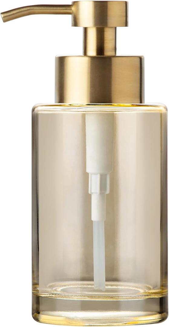 Enra Thick Glass Soap Dispenser with Stainless Steel Pump,12oz Gold Bathroom Hand Liquid Soap Dispensers,Lotion Dispenser,Soap Dispenser for Bathroom,Kitchen (Slight Amber/Liquid Type)