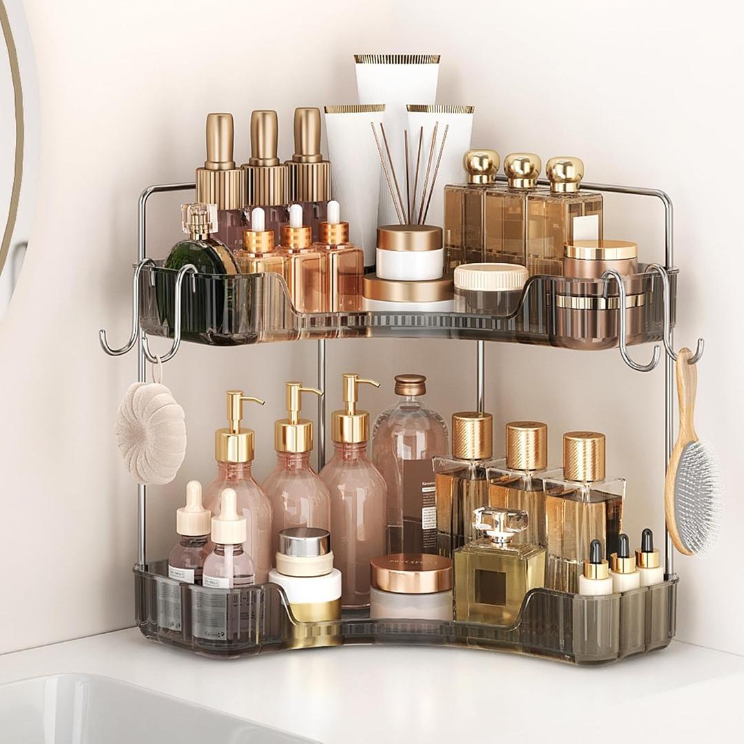 Corner Counter Organizer, 2-Tier Bathroom & Kitchen Storage Tray with Hooks | Clear Vanity Organizer for Skincare, Makeup & Jewelry (Grey)