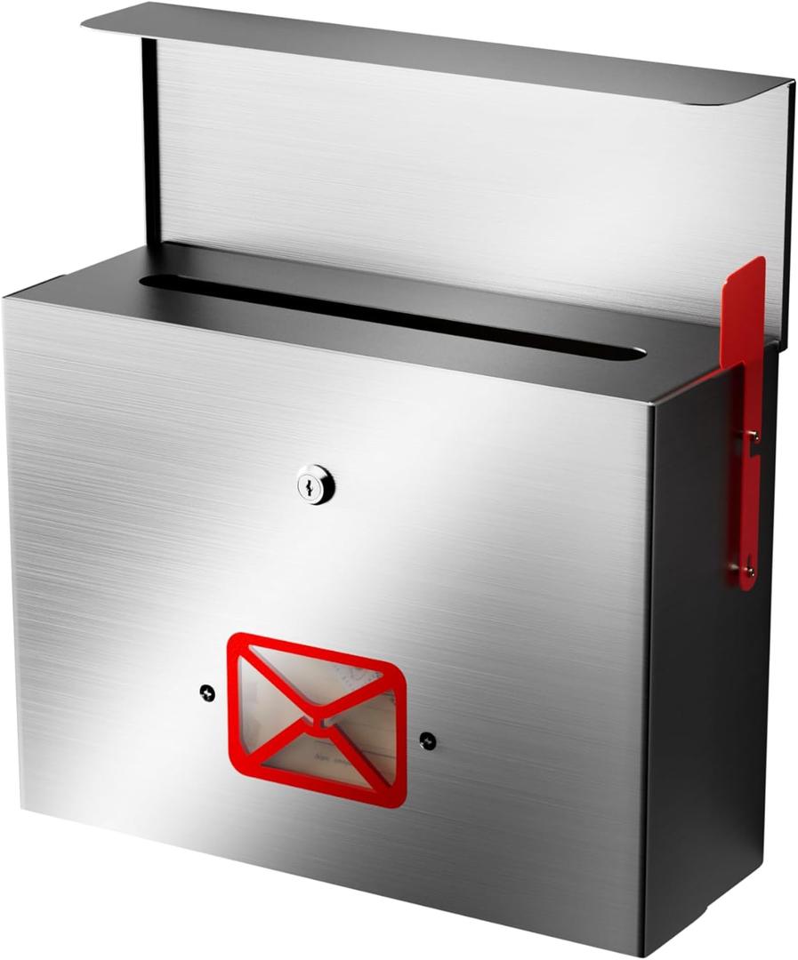 VerinsIroin Stainless Steel Wall-Mount Mailbox for House,Rust-Proof Metal Mail Boxex, Large Capacity Post Box,Mailboxes for Outside(Rectangle with Lock)
