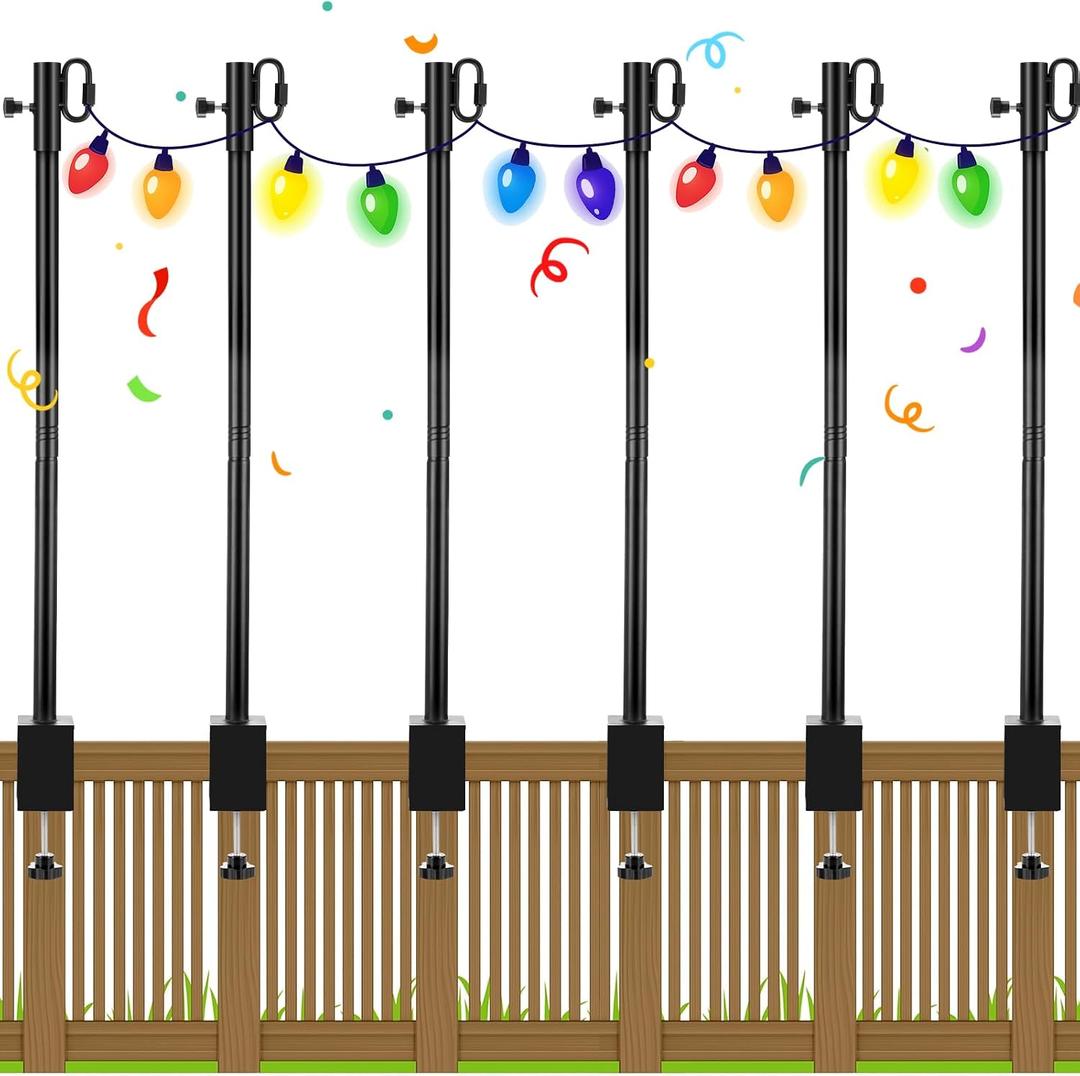 6 Pack Deck String Light Poles with Adjustable 3" Clamp, Outdoor Light Poles for String Lights Christmas Garden Backyard Deck Fence Railing Hanging Bird Feeders, Lanterns, Wind Chimes (28 Inch)