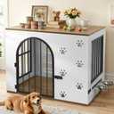32" Dog Crate Furniture for Small Medium Dogs, Heavy Duty Wood Metal Indoor Dog Kennel with Bowls, Decorative Pet Cage Dog House as TV Stand, White & Wood
