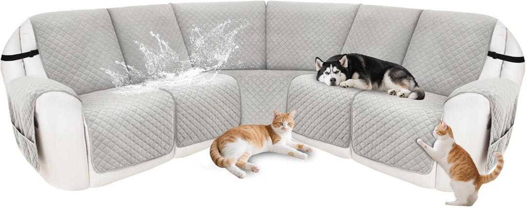 Reclining Sectional Couch Covers 100% Waterproof Velvet L Shape Recliner Sofa Cover for Dogs Pets Washable Anti Slip Recliner Slipcovers with Pockets (5 Seat Sofa, Light Gray)