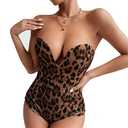 Clothink Women's Burgundy Bandeau Back Lace Up Velvet BodySuit, Style 1 - Leopard Print, Large