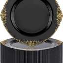 Nervure 100PCS Black Gold Plastic Plates - 7.5 inch Black Plastic Plates with Gold Rim - Disposable Dessert Plates for Wedding & Party