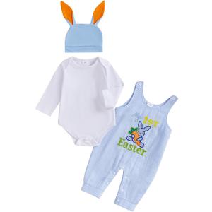 Newborn Easter Outfit Boy Long Sleeve Rompers Bunny Overalls Hat Baby Boy Summer Clothes 0 3 6 12 18 Months (Blue)