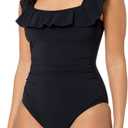 Profile by Gottex Women's Standard Tutti Frutti Recycled Square Neck Ruffle One Piece (16, Black)