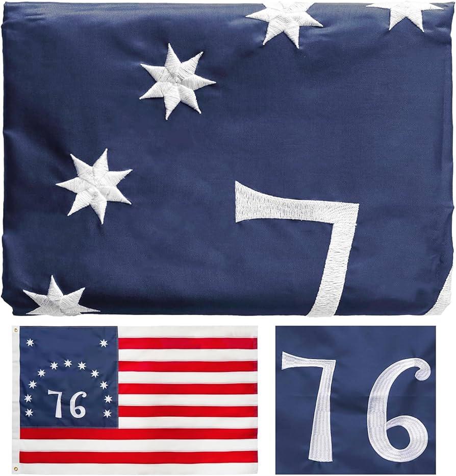 Embroidered 1776 American Flag 3x5 Outdoor- 3Ply Heavy Duty 300D Nylon(All Weather)- Bennington 76 American Flag-2 Brass Grommets & 4 Rows Stitched