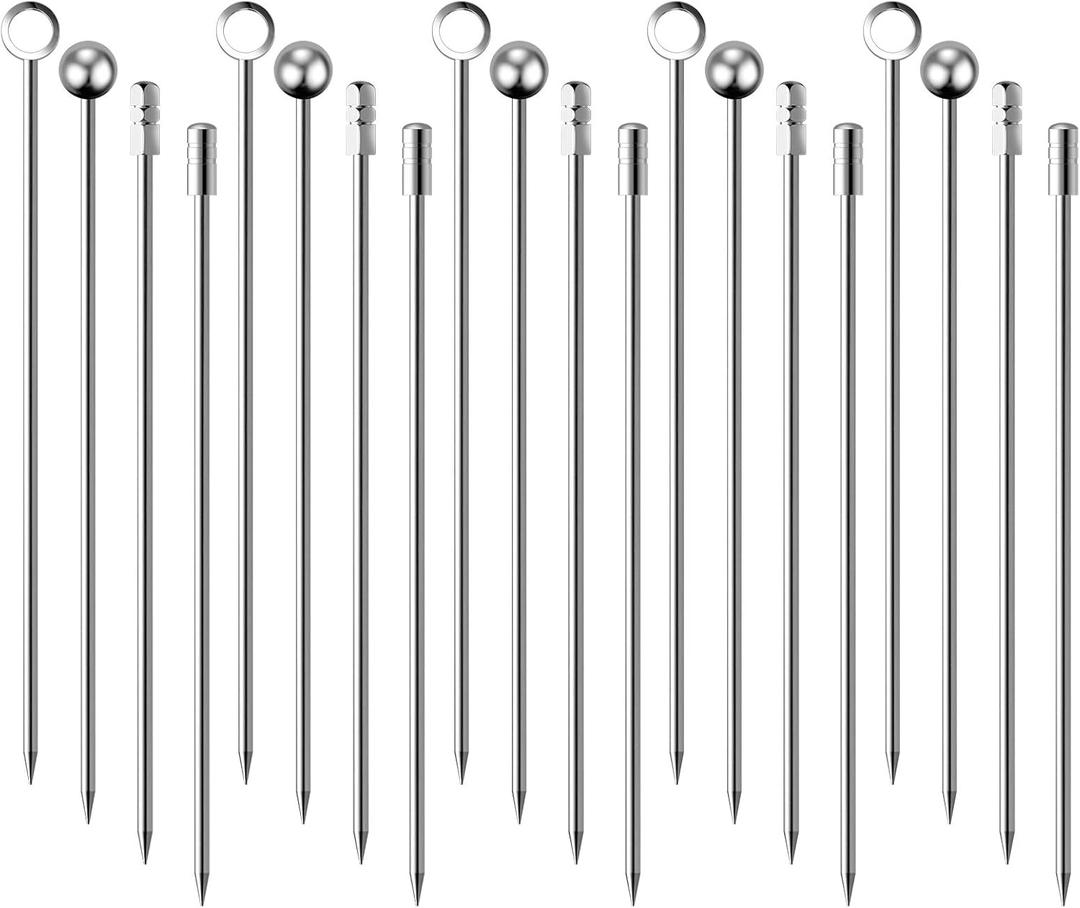 Cocktail Picks Stick, 20Pcs Stainless Steel Martini Picks, Reusable Metal Cocktail Skewers Olives Appetizers Bloody Mary Brandied (Light Silver 20 Pieces)