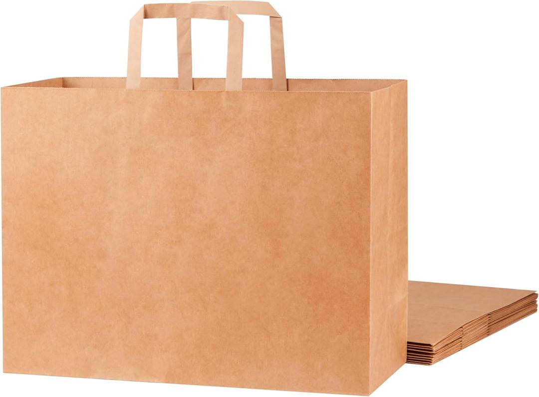 SUNCOLOR Brown Reusable Paper Bags with Handles - 50 Pack - 16x6x12 Inches - Large Shopping & Gift Bags - Kraft Construction