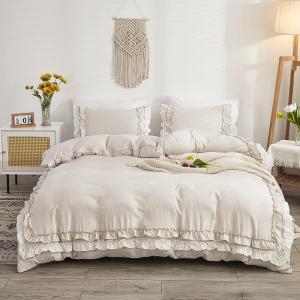 Beige Ruffled Duvet Cover Set Queen Size Vintage Ruffle Fringe Comforter Cover with 1 Row of Handmade White Ruffle,Farmhouse Rustic Microfiber Bedding,Zipper Closure,3 Pieces(No Comforter)