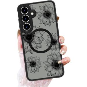 OOK Phone Case Design for Samsung Galaxy S25 Case [Compatible with MagSafe], Cute Sunflower Floral Blooms Design Black Frosted Shockproof for Women Girls Magnetic Phone Cover - Black Flower