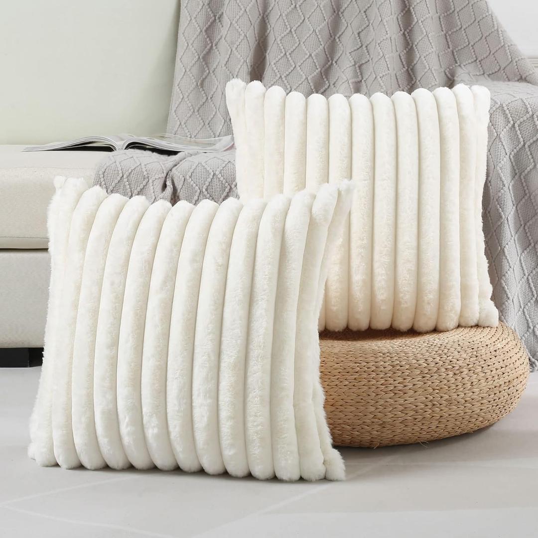 FUTEI Cream White Striped Decorative Throw Pillow Covers 26x26 Inch Set of 2,Square Spring Decorations Couch Euro Pillow Shams,Soft Cozy Faux Rabbit Fur & Velvet Back,Modern Home Decor for Bed