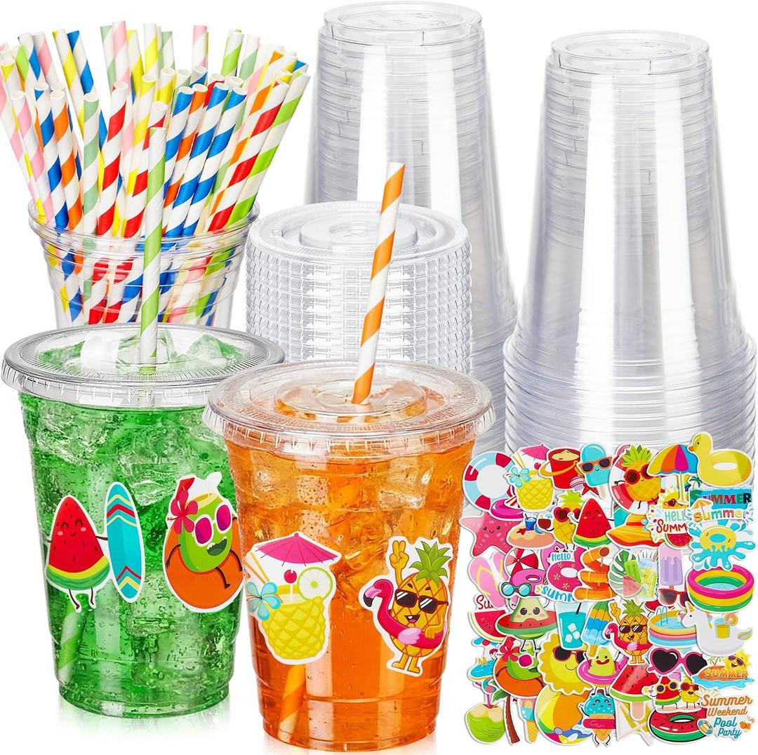 50 Set Hawaiian Plastic Cups with Lids and Straws 16oz Summer Tropical Clear Disposable Iced Coffee Cup Bulk with Stickers Luau Theme Party Supplies for Birthday Pool Beach Decorations, about 16 oz / 500 ml