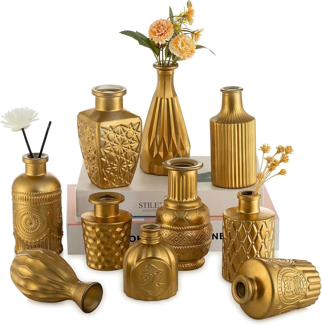 Hewory Golden Small Glass Vases for Centerpieces 10pcs Dark Gold Bud Vase in Bulk, Mini Vintage Decorative Single Flower Vase for Wedding Birthday Party Baby Shower Home Living Room Table Decor