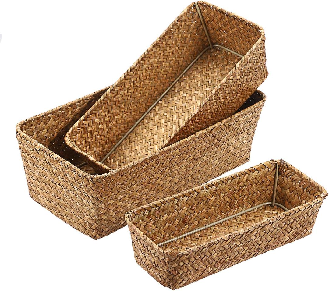 3 Natural Wicker Basket Set Rectangular Handwoven Seagrass Basket Storage Bins Home Organizer Bins - Household Basket Box for Shelf Wardrobe Desktop Home Decor (Caramel)