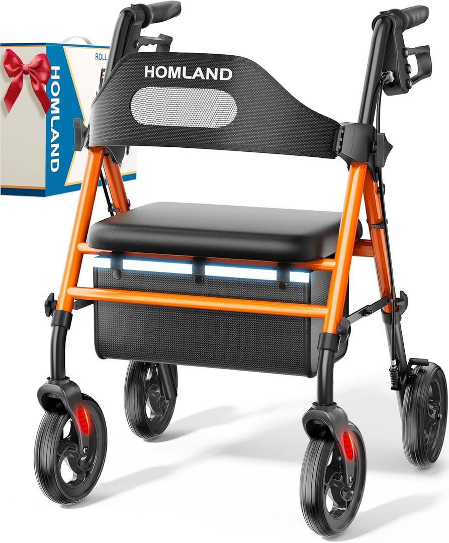 HOMLAND Foldable Rollator Walkers with Seat for Seniors, 8'' Big Wheels, 350 lb. Weight Capacity, Adjustable Handles and Seat Height, Lightweight Rolling Walker, Orange