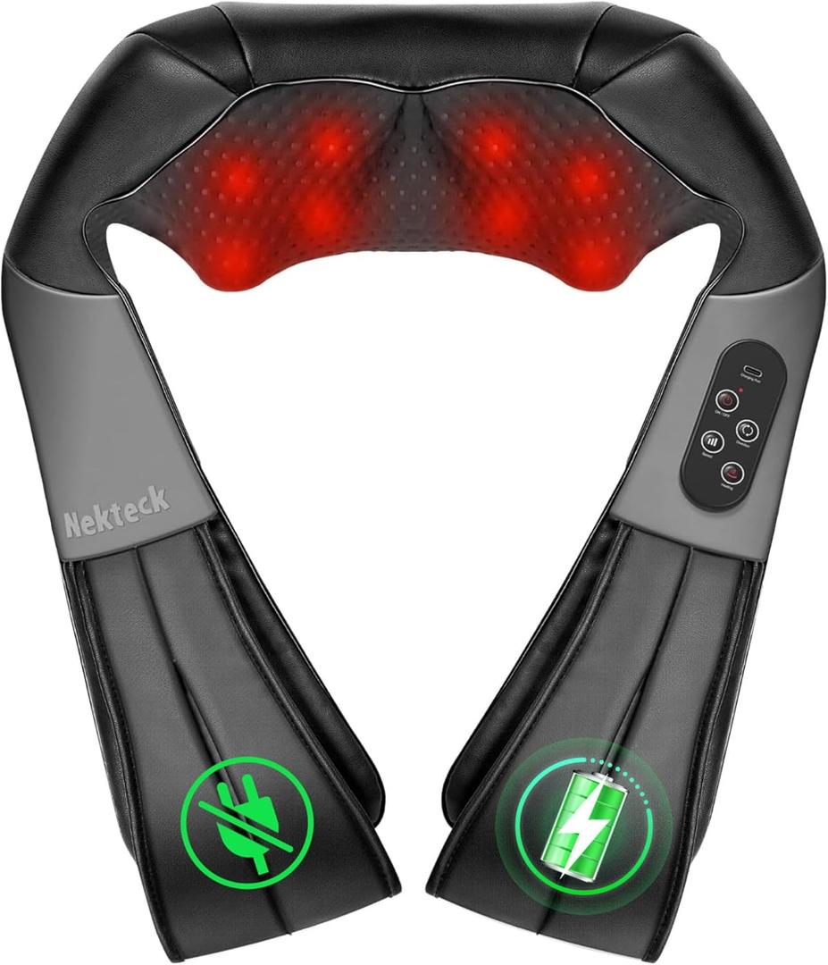 Nekteck Cordless Shiatsu Neck and Back Massager with Soothing Heat, Rechargeable Electric Deep Tissue 3D Kneading Massage Pillow for Shoulder Leg Body Muscle Pain Relief, 3 Speed Intensities Black 