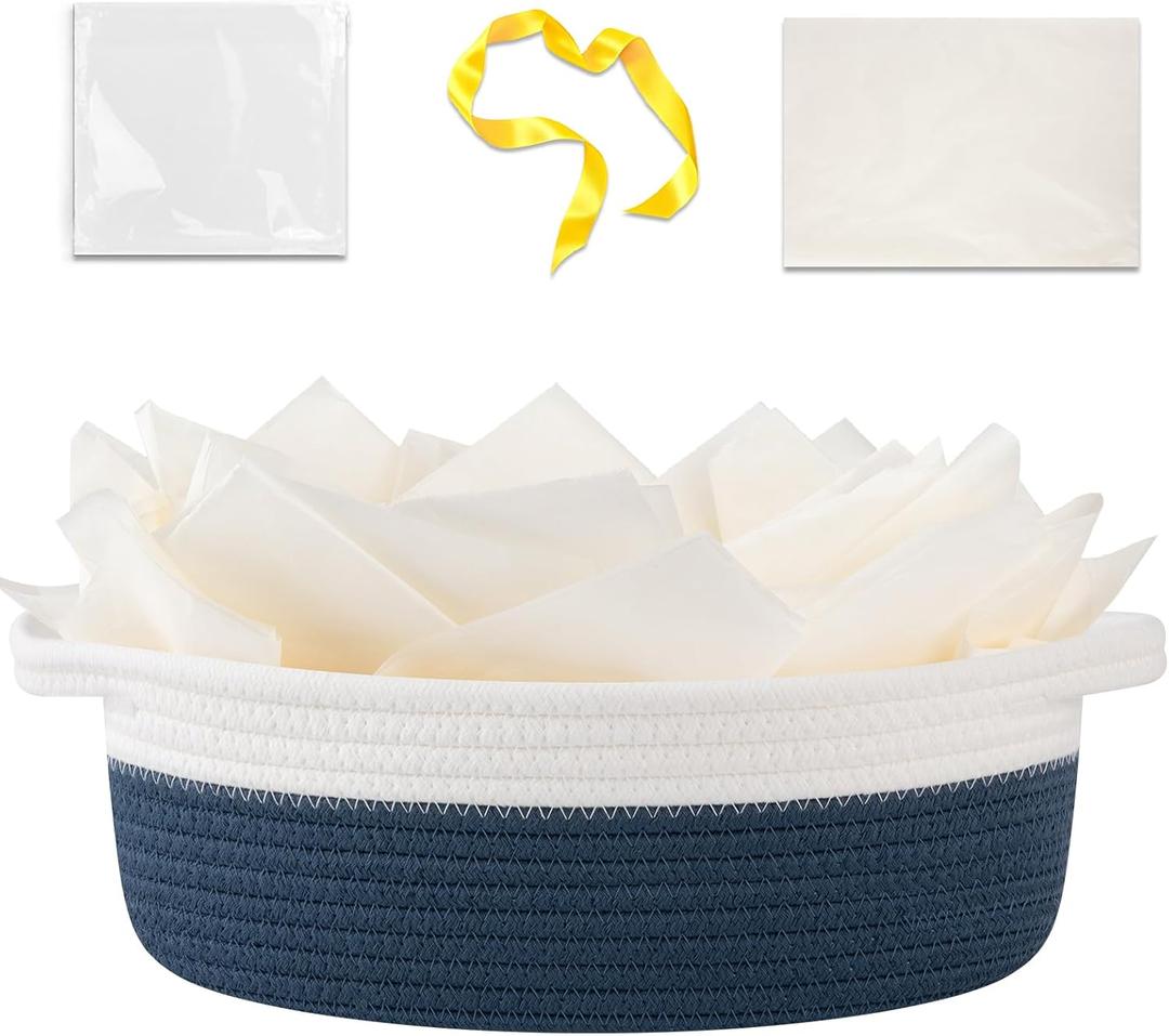 OIAHOMY Gift Basket Empty with Handle, 12"x 8"x 5" Small Woven Basket with Gift Bag, Ribbon and Wrap Tissue Paper, Dog Toy Storage for Organizing - Blue & White