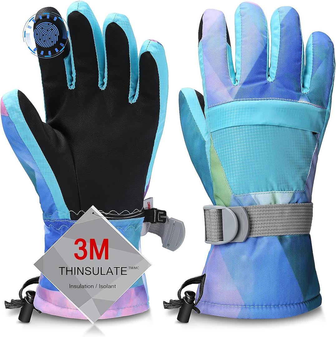 Ski Gloves, Waterproof and Breathable Snow Gloves for Cold Weather, Men & Women Boys and Girls (M(Fit Kids11-15 Years and Women size S-M), Sky Blue)