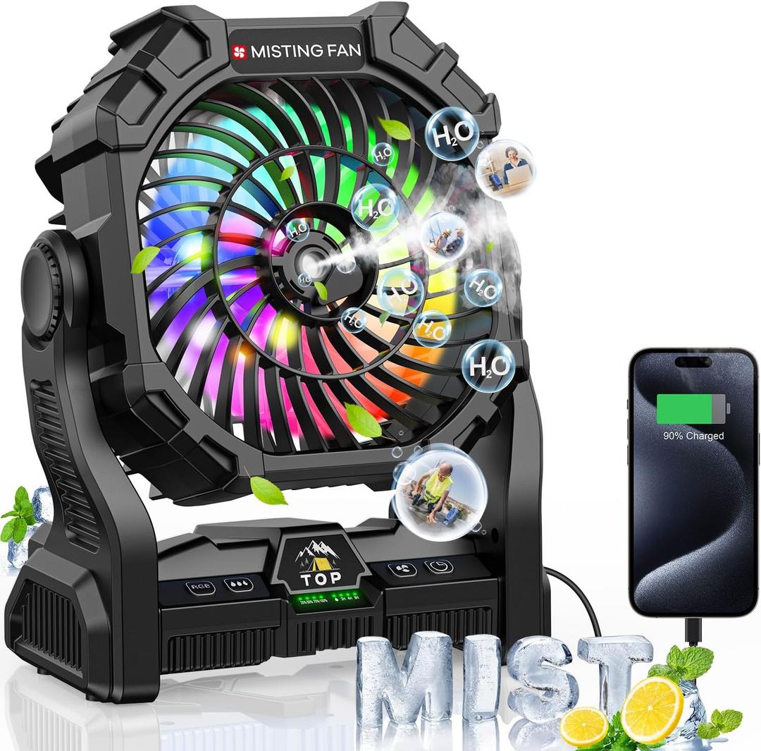 Misting Fan Portable with RGB Lantern, 30000 mAh Rechargeable Camping Mist Fan with Emergency Hurricane Supplies, Perfect Cooling Mister for Outdoor Travel (Black)