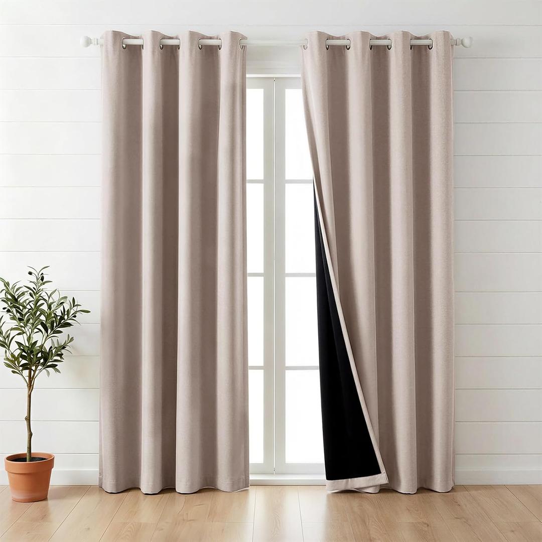 100% Blackout Curtains for Bedroom 84 Inch,2 Panels,Khaki | Faux Linen Cutains for Bedroom,Thermal Insulated Grommet Window Drapes,Blackout Curtains with Black Back,52 x 84 in,2 Panels