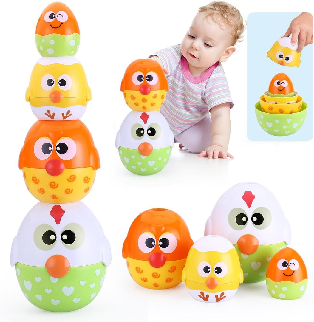 MOONTOY Chicken Toddler Easter Eggs Toys, Nesting Dolls Stacking Toys for Toddlers 1-3 Matching Shape Sorters Sensory Preschool Learning Baby Easter Basket Stuffers Gifts 6-12 12-18 Months, 1 Year Old