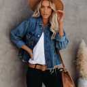 Women's Jean Denim Jacket Classic Trucker Shacket Button Up Frayed Cropped Loose Coats, Small