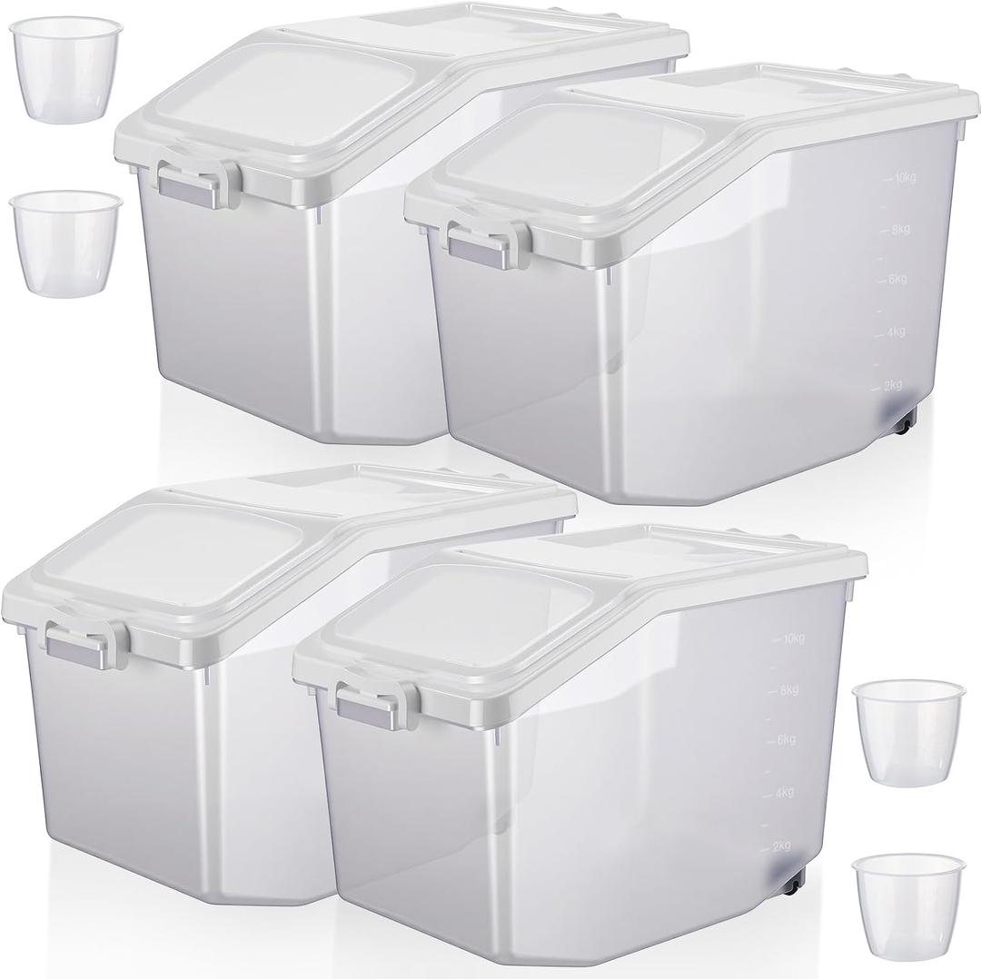 Sunnyray 4 Pcs Rice Storage Container 27.5 lb Airtight Flour Container with Wheels Measuring Cup White Pet Food Dog Cat Birds Food Bin Grain Cereal Organizer Box for Dry Baking Supplies
