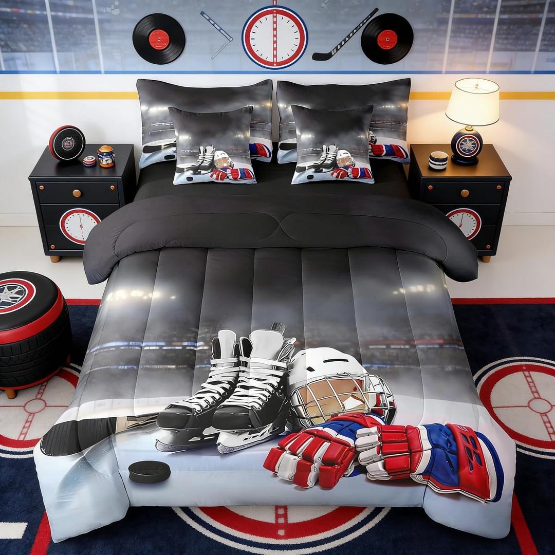 Erosebridal Ice Hockey Queen Comforter Set, Hockey Player 7-Piece Bed in A Bag, Boys Teens Sports Game Sheets and Pillowcases, Winter Sports Bed Sets (Red Blue)