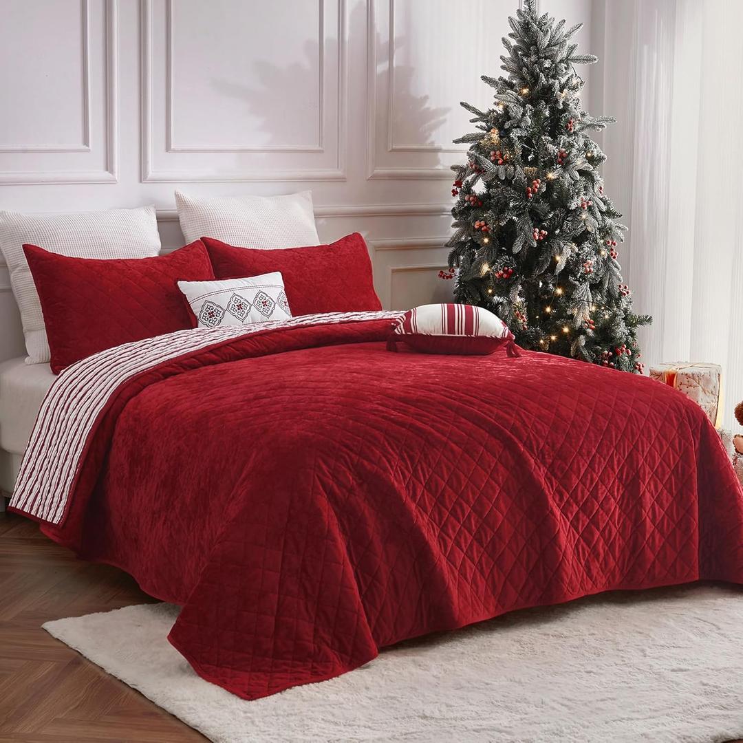 Wonderful Christmas Bedding, Luxury Red Velvet Quilt Set Queen Size, 5 Piece Striped Cotton Lightweight Comforter Set, Farmhouse Soft Reversible Coverlet Bedding Set with Matching Shams for All Season, Red