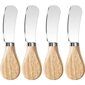 Butter Knife Spreader, Cheese Spreader Knives Set of 4, Stainless Steel Butter Knives with Wooden Handle, Small Cheese Knives for Cold Butter, Soft Cheese Spreader, Jam, Charcuterie, Pastry (Oak Wood & Silver Blade)