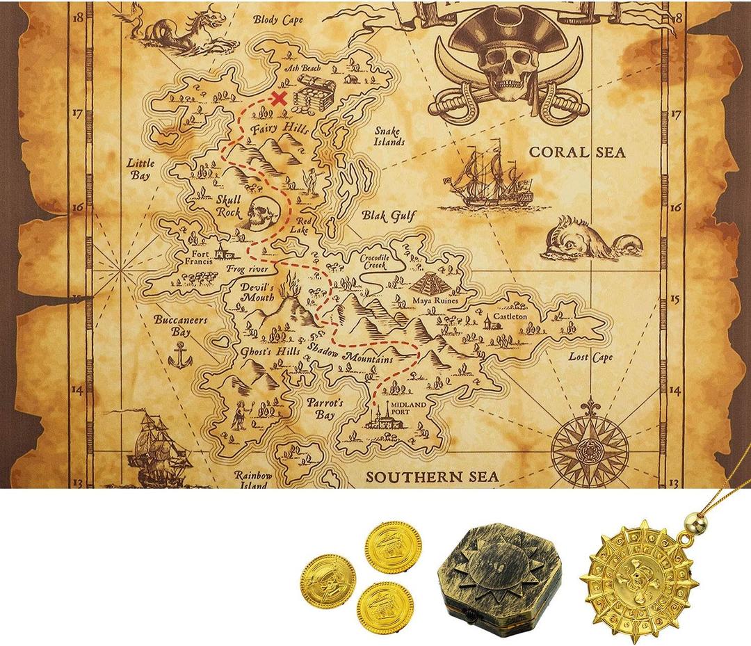 Gejoy Detailed Pirate Treasure Map, Vintage Gold Secret Sea Historical Theme Party Accessory, Compass Necklace Plastic Coins Toy, Pirate Theme Party Supplies