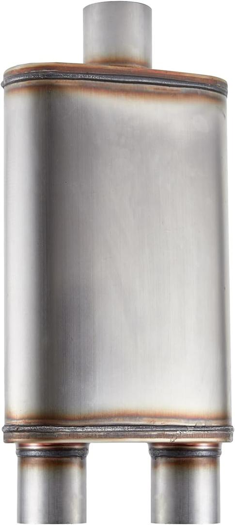 Universal 409 Stainless Performance Exhaust Muffler, single in dual out muffle (3 in inlet 2.5 in dual outlet)