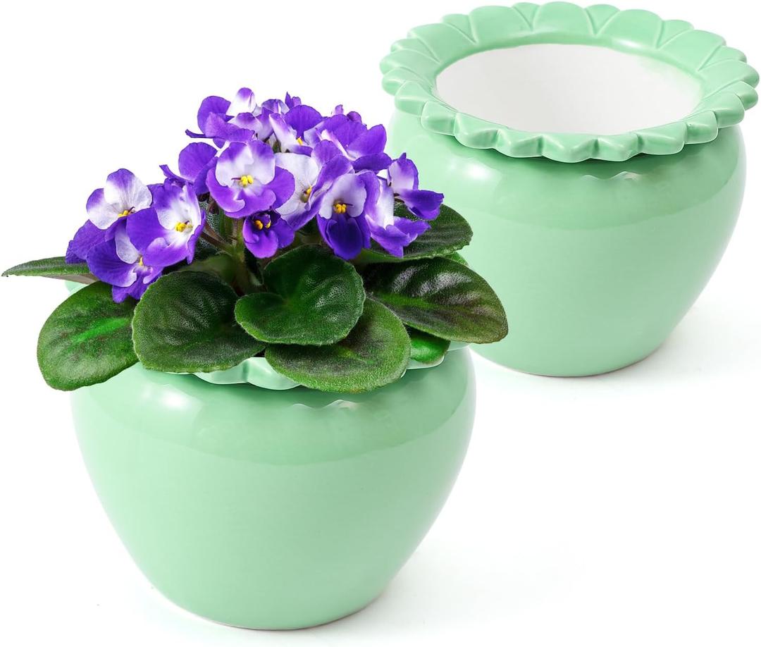 2pcs African Violet Planter Pot - 6.5inch Self Watering Green Ceramic Pot with Creamic Reservoir