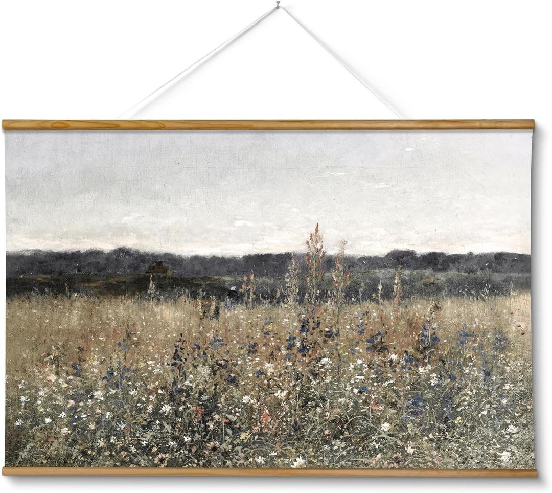 ARPEOTCY Extra Large Vintage Framed Wall Art, 36x54 Inch Flower Meadow Landscape Hanging Framed Wall Art Decor for Living Room Bedroom, Canvas Prints, Retro Scenery Pictures Above of Bed