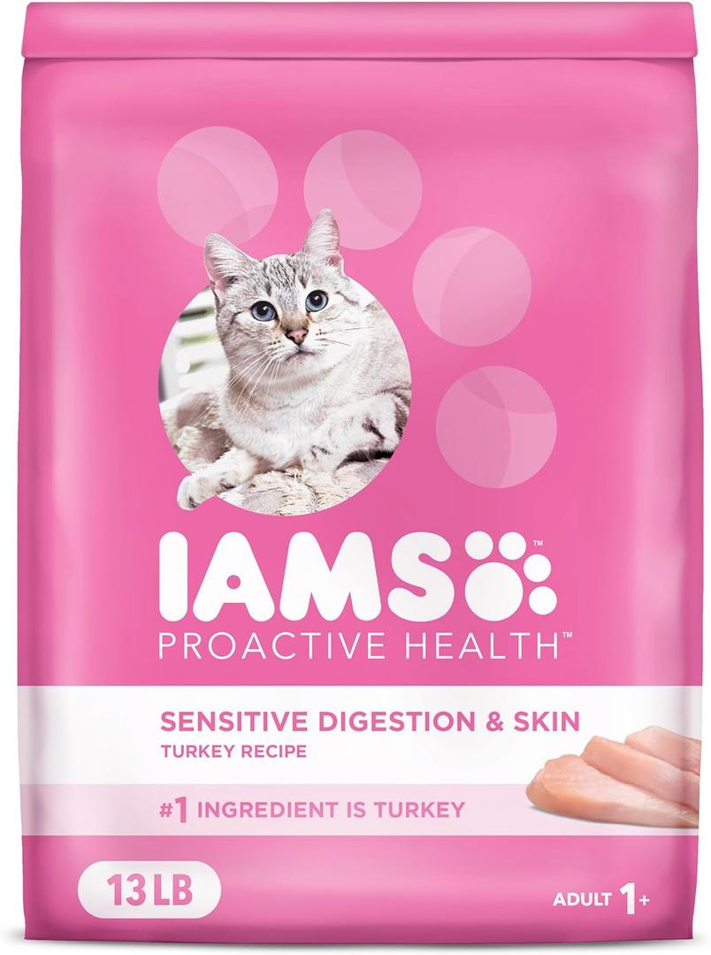 IAMS Proactive Health Adult Sensitive Digestion & Skin Dry Cat Food with Turkey, 13 lb. Bag, Best By: OCT 07, 2026