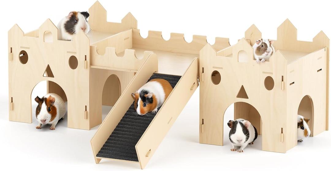 Guinea Pig Hideout House, Deluxe Wooden Hamster Hideout with Climbing Ramp & Rest Zone, Bunny Castle Tower Toy for Guinea Pig Chinchilla Gerbil Hedgehog Small Animal House Habitat Hut