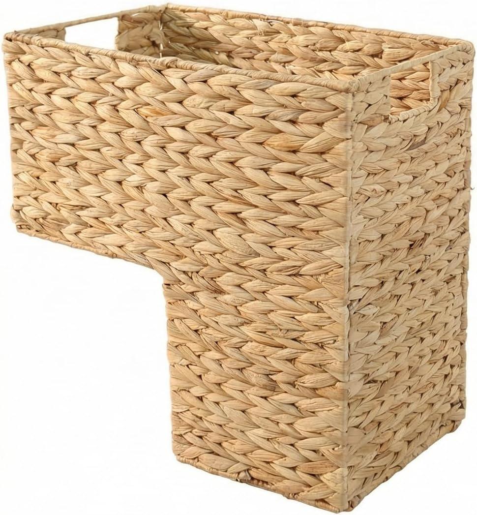 Woven Stair Baskets with Cut Out Handles - Natural Water Hyacinth Storage Organizer Bin for Wooden & Carpeted Stairs, Home Clutter Reducing Shelf Decor (Natural color)