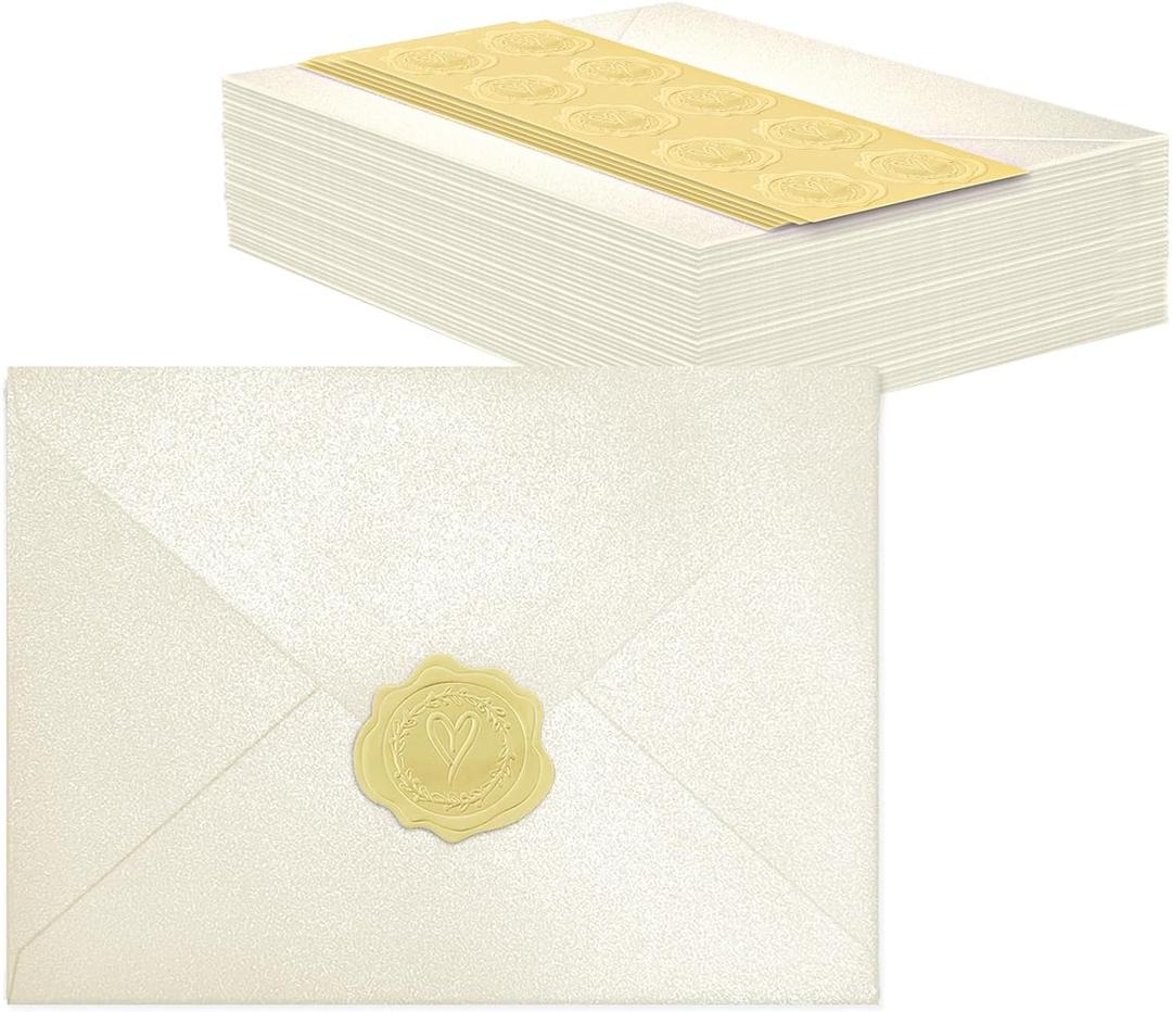 50 PCS Pearl Ivory A7 Envelopes with Stickers, Shimmering 5x7 Envelopes for Invitations, Great for Wedding Invitation Cards, Birthday RSVP, Graduation, Baby Shower 5.25 x 7.25 inches